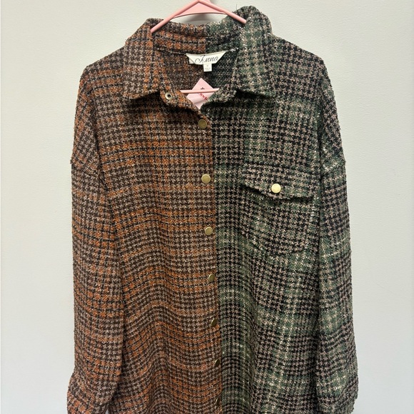 J.NNA Snap Down Tweed Plaid Contrast Longline Shacket - Picture 4 of 8